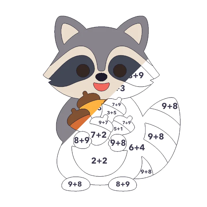 Raccoon with Acorns addition color by number page, half colored to show the finished picture