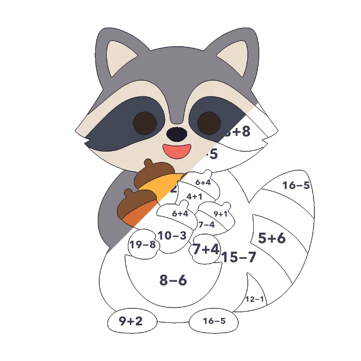 Raccoon with Acorns addition & subtraction color by number page, half colored to show the finished picture