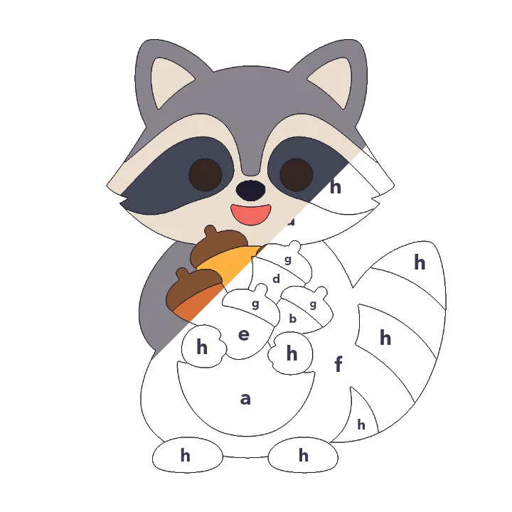 Raccoon with Acorns color by letter color by number page, half colored to show the finished picture