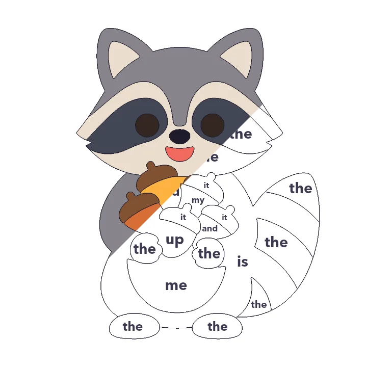 Raccoon with Acorns sight words color by number page, half colored to show the finished picture