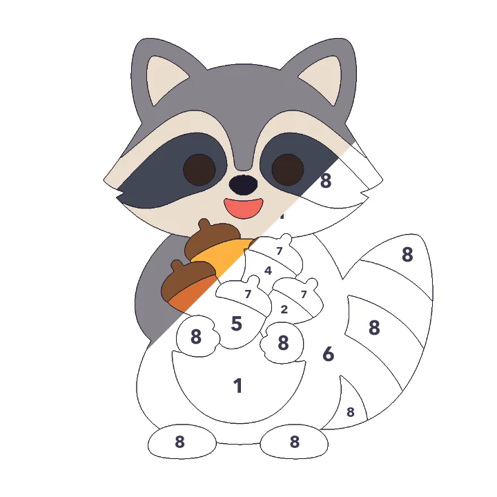 Raccoon with Acorns color by number page, half colored to show the finished picture