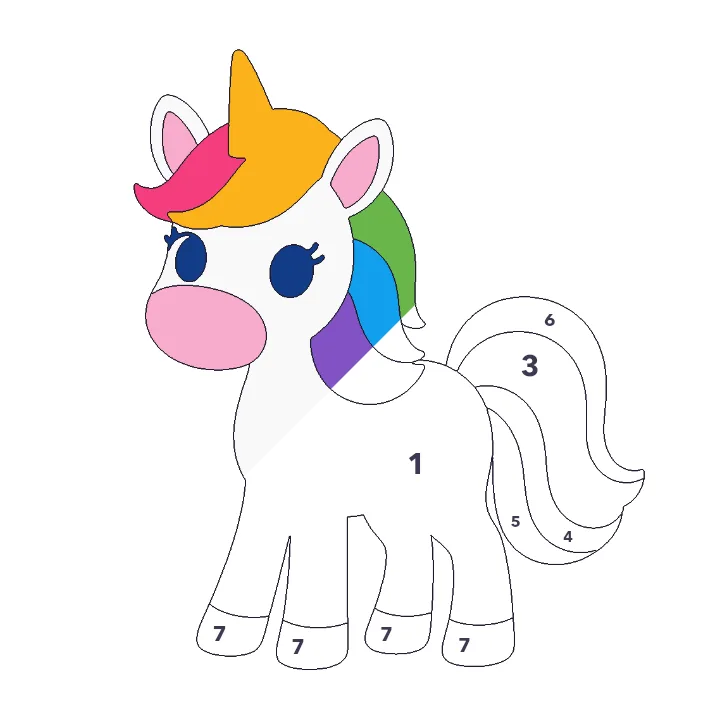Rainbow Unicorn color by number page, half colored to show the finished picture