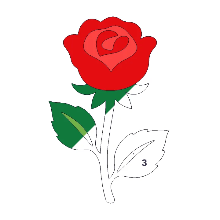 Red Rose color by number page, half colored to show the finished picture