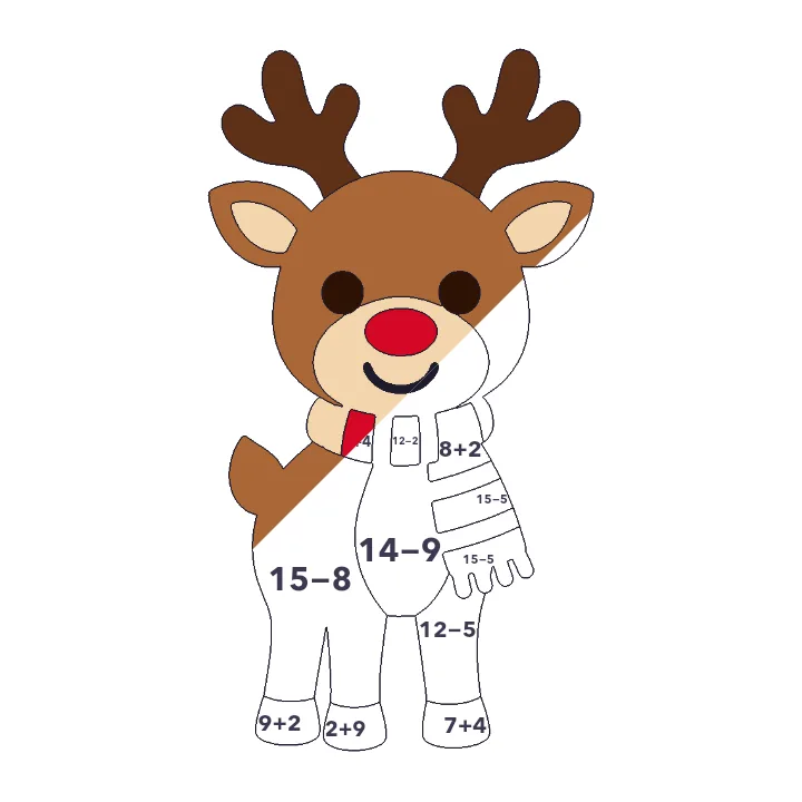 Reindeer in a Scarf addition & subtraction color by number page, half colored to show the finished picture