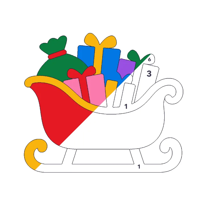 Santa’s Sleigh color by number page, half colored to show the finished picture