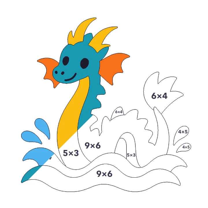 Sea Dragon multiplication color by number page, half colored to show the finished picture