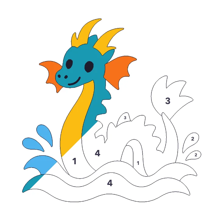 Sea Dragon color by number page, half colored to show the finished picture
