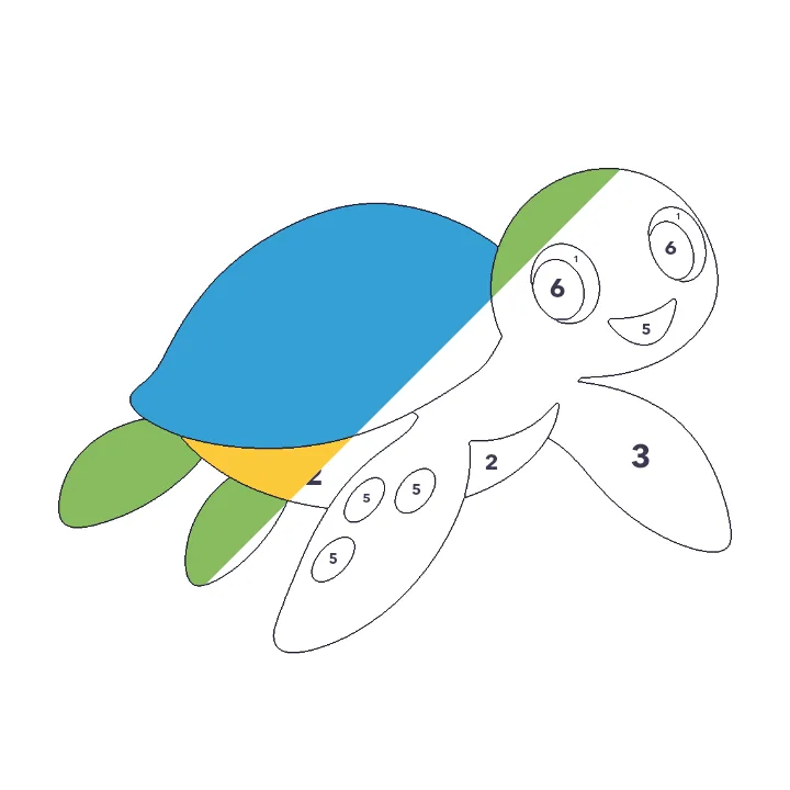 Sea Turtle color by number page, half colored to show the finished picture