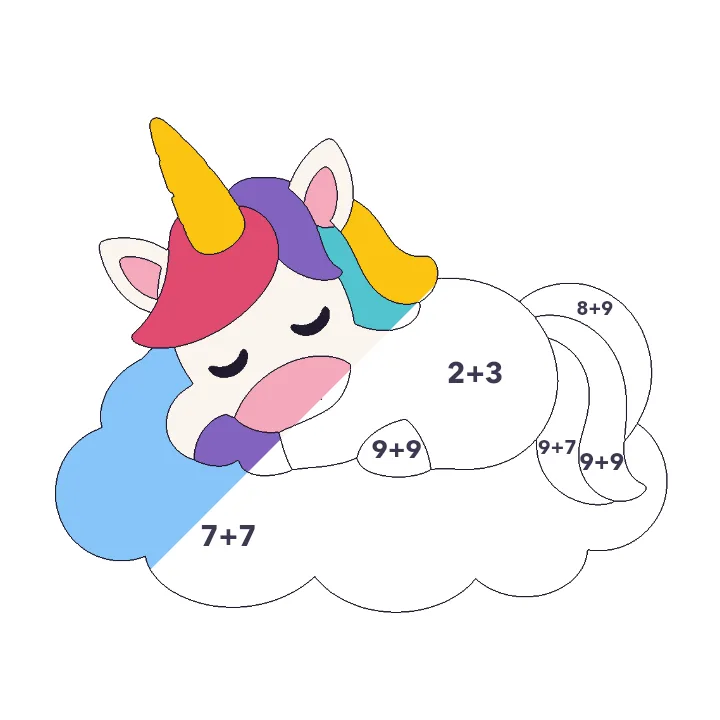 Sleeping Unicorn addition color by number page, half colored to show the finished picture