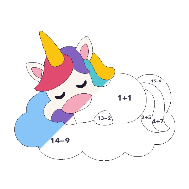 Sleeping Unicorn addition & subtraction color by number page, half colored to show the finished picture