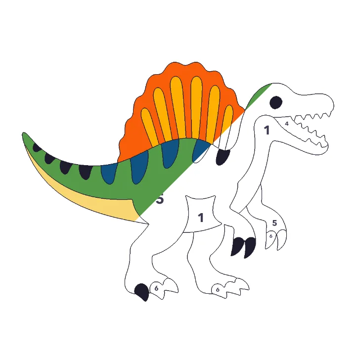 Spinosaurus color by number page, half colored to show the finished picture