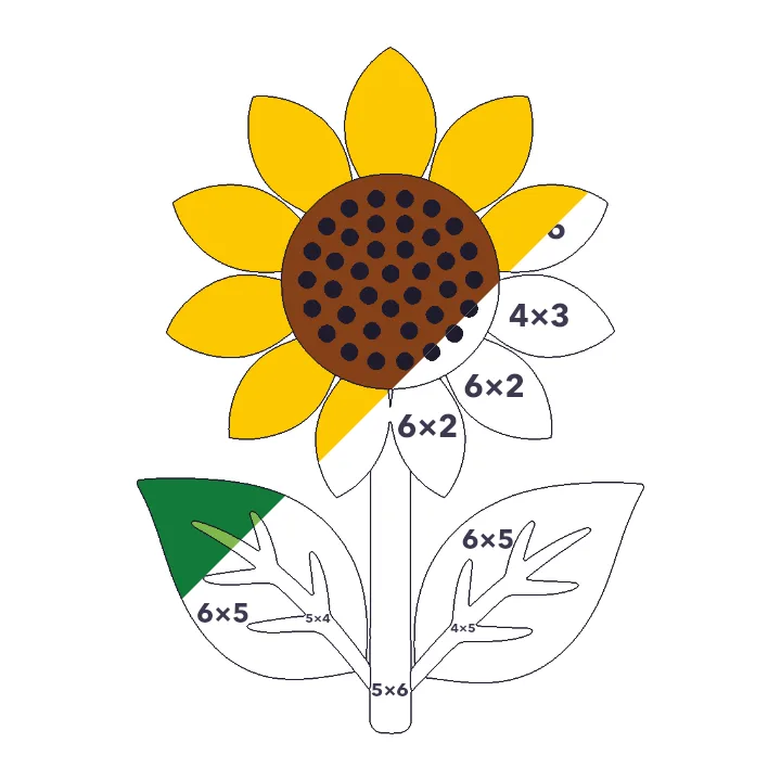 Sunflower multiplication color by number page, half colored to show the finished picture