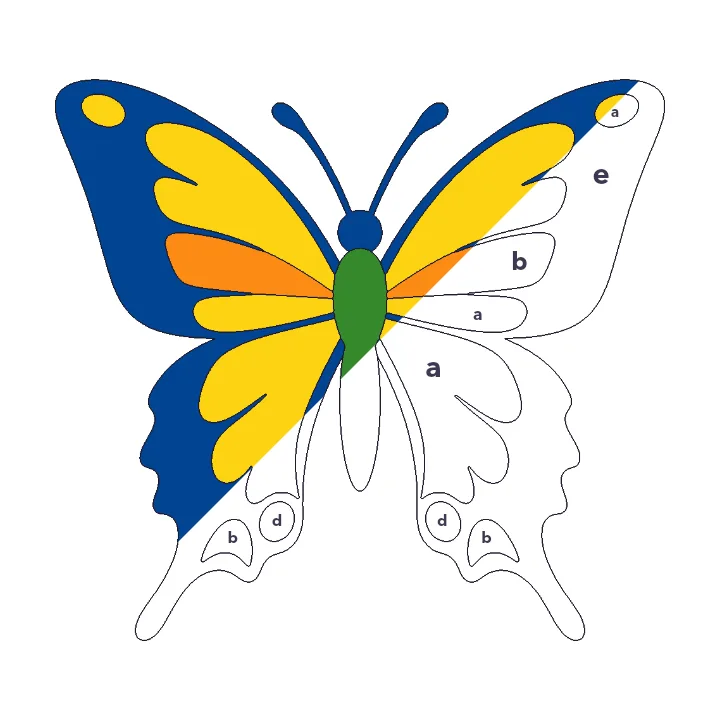 Swallowtail Butterfly color by letter color by number page, half colored to show the finished picture