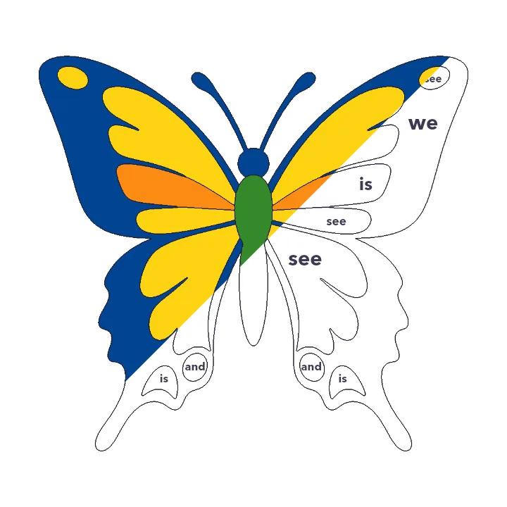 Swallowtail Butterfly sight words color by number page, half colored to show the finished picture