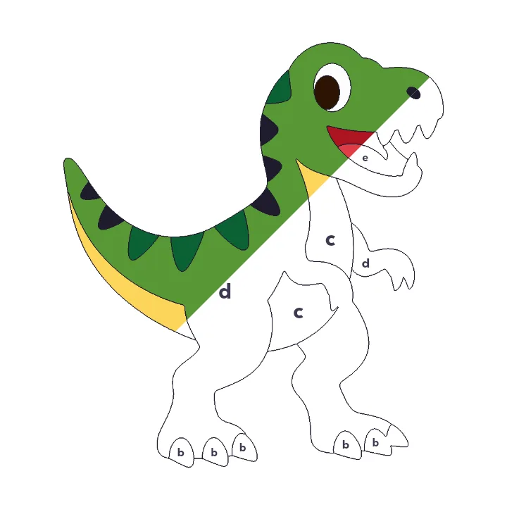 T-Rex color by letter color by number page, half colored to show the finished picture