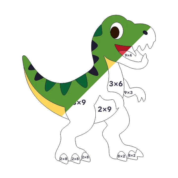 T-Rex multiplication color by number page, half colored to show the finished picture