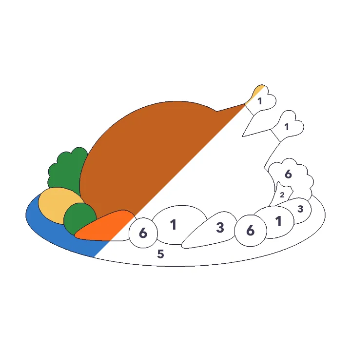 Thanksgiving Dinner color by number page, half colored to show the finished picture
