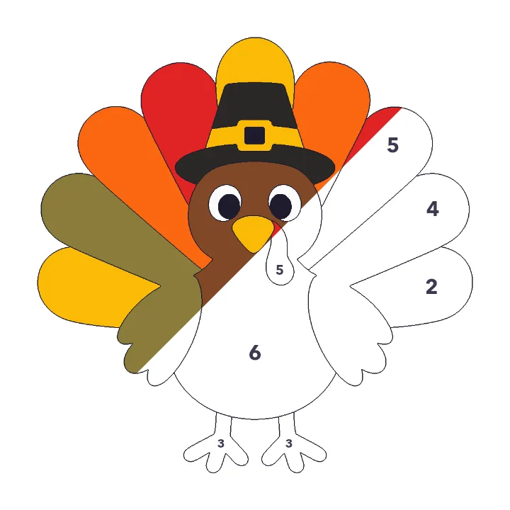 Thanksgiving turkey color by number page, half colored