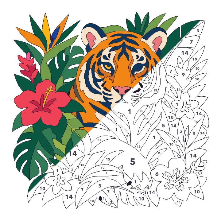 Tiger in the Jungle color by number page, half colored to show the finished picture