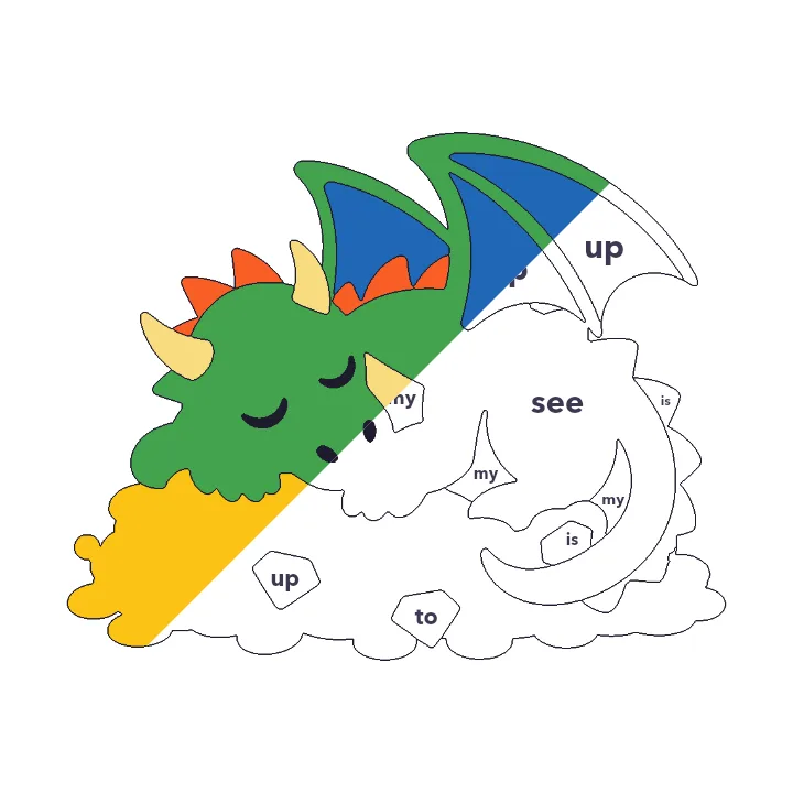 Dragon and Treasure sight words color by number page, half colored to show the finished picture