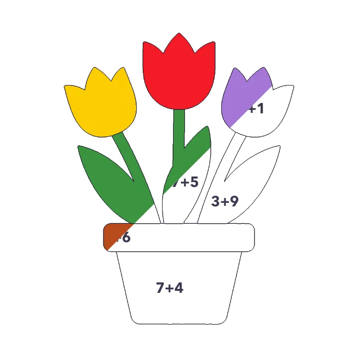 Tulips in a Pot addition color by number page, half colored to show the finished picture