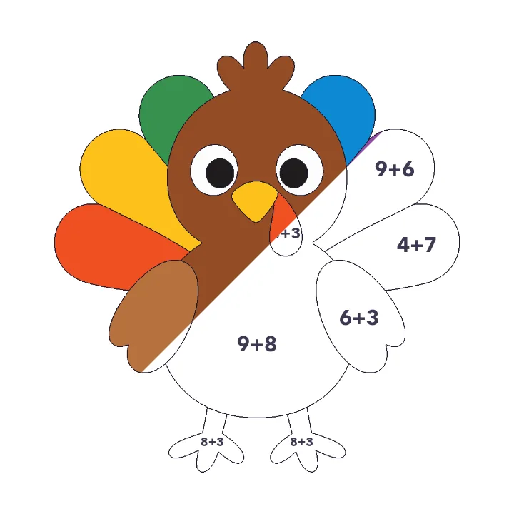 Baby Turkey addition color by number page, half colored to show the finished picture