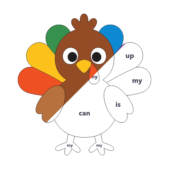 Baby Turkey sight words color by number page, half colored to show the finished picture