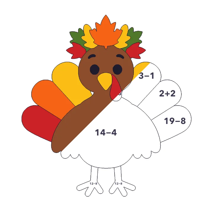 Turkey with a Leaf Crown addition & subtraction color by number page, half colored to show the finished picture