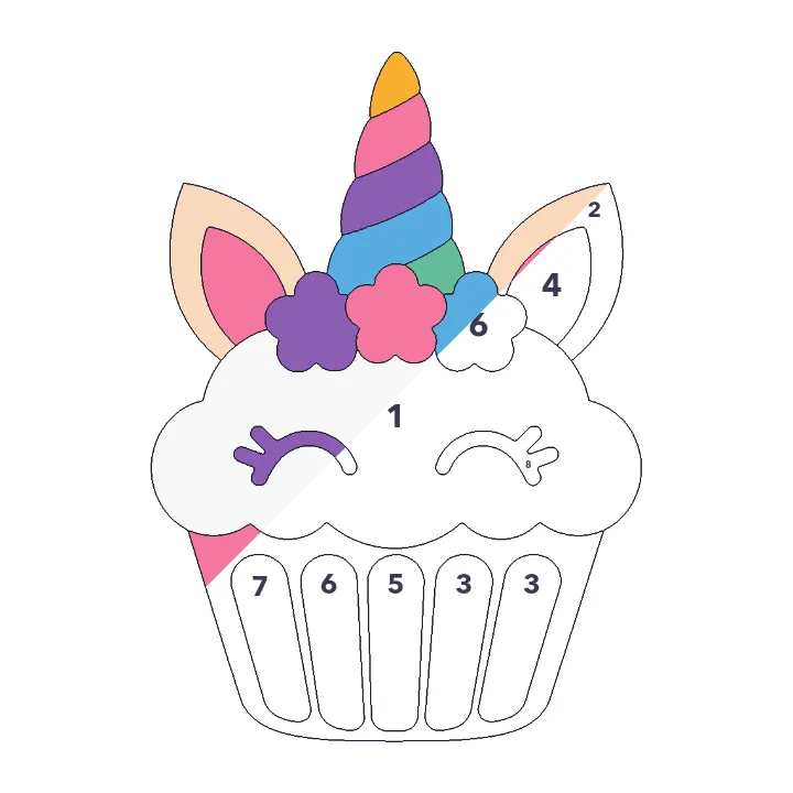 Unicorn Cupcake color by number page, half colored to show the finished picture