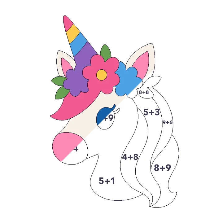 Unicorn with Flowers addition color by number page, half colored to show the finished picture