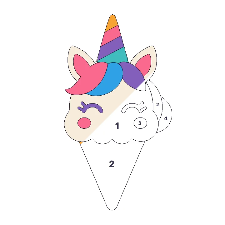 Unicorn Ice Cream color by number page, half colored to show the finished picture