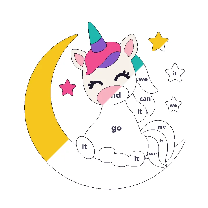 Unicorn and Moon sight words color by number page, half colored to show the finished picture