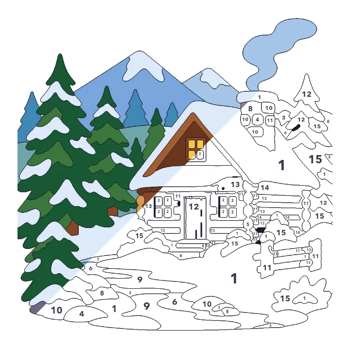 Winter Cabin color by number page, half colored to show the finished picture