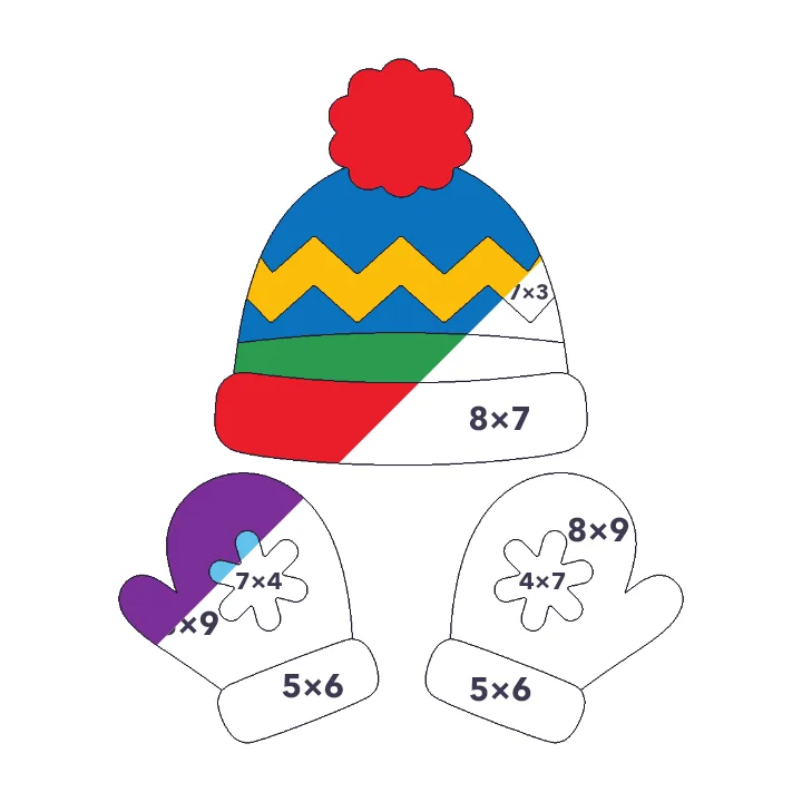 Hat and Mittens multiplication color by number page, half colored to show the finished picture