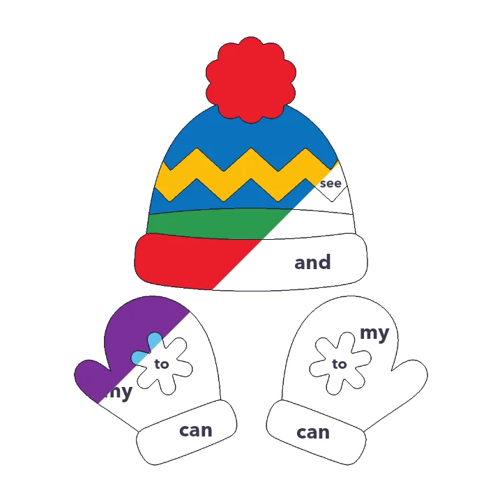 Hat and Mittens sight words color by number page, half colored to show the finished picture