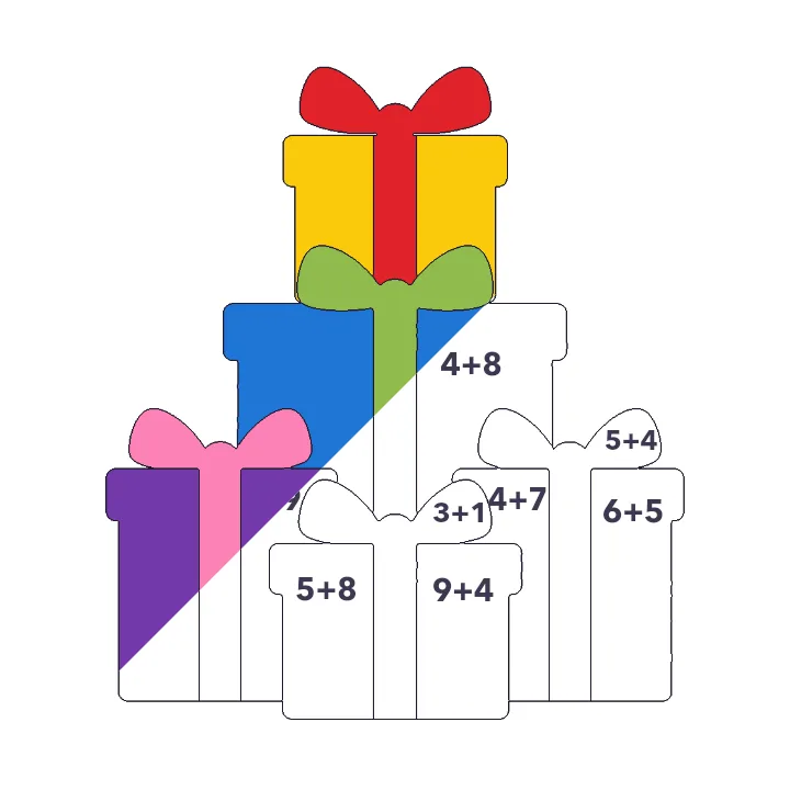 Wrapped Presents addition color by number page, half colored to show the finished picture