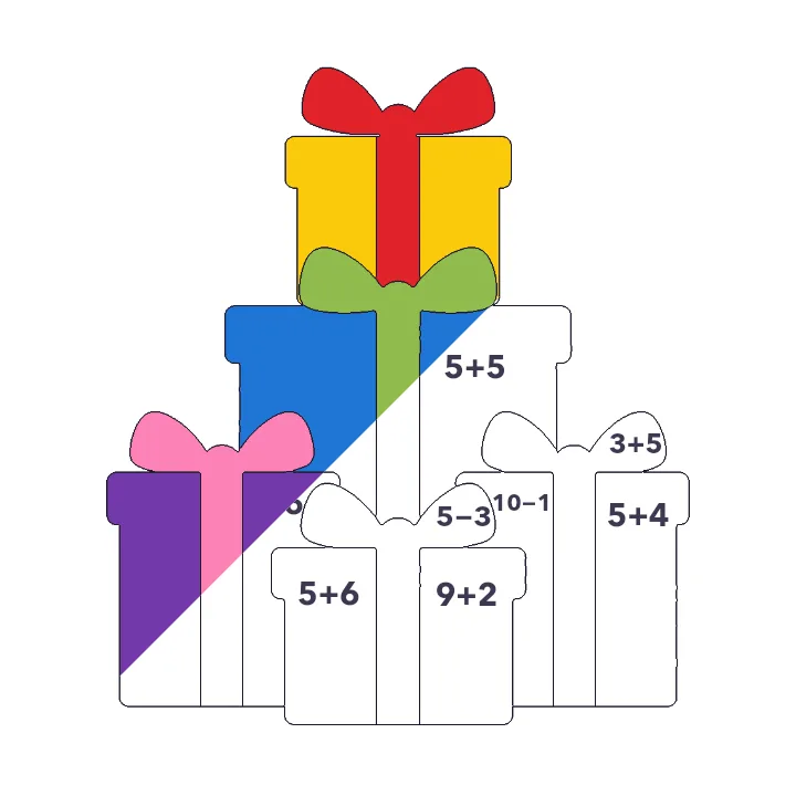 Wrapped Presents addition & subtraction color by number page, half colored to show the finished picture