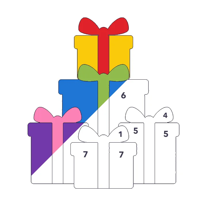 Wrapped Presents color by number page, half colored to show the finished picture